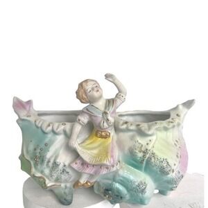 Vtg Victorian Porcelain Figural Double Shell Planter Gilded Dancing Girl